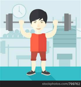 An asian man lifting a barbell inside the gym vector flat design illustration. Sport concept. Square layout.. Man with barbell.