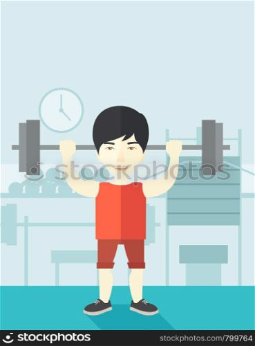 An asian man lifting a barbell inside the gym vector flat design illustration. Sport concept. Vertical layout with a text space.. Man with barbell.