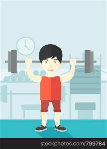An asian man lifting a barbell inside the gym vector flat design illustration. Sport concept. Vertical layout with a text space.. Man with barbell.