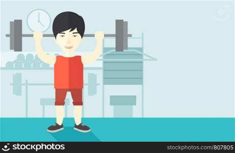 An asian man lifting a barbell inside the gym vector flat design illustration. Sport concept. Horizontal layout with a text space.. Man with barbell.