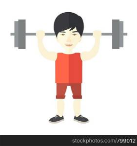 An asian man lifting a barbell vector flat design illustration isolated on white background. Sport concept. Square layout.. Man with barbell.
