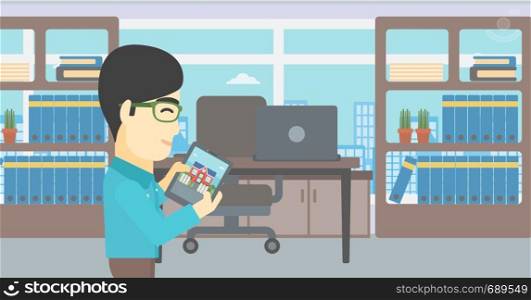 An asian man looking at house on a digital tablet screen. Young man standing in office and looking for house on tablet computer. Vector flat design illustration. Horizontal layout.. Man looking for house vector illustration.