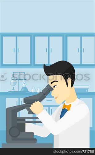 An asian man looking through a microscope on the background of laboratory vector flat design illustration. Vertical layout.. Laboratory assistant with microscope.