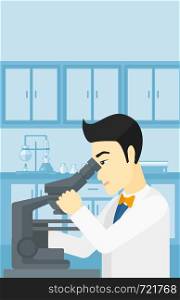 An asian man looking through a microscope on the background of laboratory vector flat design illustration. Vertical layout.. Laboratory assistant with microscope.