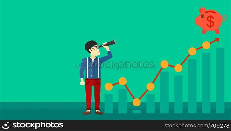 An asian man looking through spyglass at piggy bank standing at the top of growth graph on a green background vector flat design illustration. Horizontal layout.. Man looking through spyglass at piggy bank.