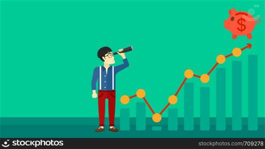 An asian man looking through spyglass at piggy bank standing at the top of growth graph on a green background vector flat design illustration. Horizontal layout.. Man looking through spyglass at piggy bank.