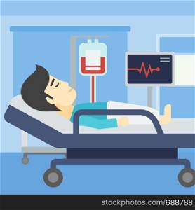 An asian man lying in bed at hospital ward. Patient with heart rate monitor and equipment for blood transfusion in medical room. Vector flat design illustration. Square layout.. Man lying in hospital bed vector illustration.