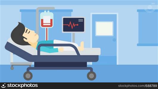 An asian man lying in bed at hospital ward. Patient with heart rate monitor and equipment for blood transfusion in medical room. Vector flat design illustration. Horizontal layout.. Man lying in hospital bed vector illustration.