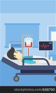 An asian man lying in bed at hospital ward. Patient with heart rate monitor and equipment for blood transfusion in medical room. Vector flat design illustration. Vertical layout.. Man lying in hospital bed vector illustration.