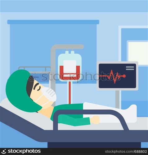 An asian man lying in bed at hospital ward. Patient in oxygen mask lying in hospital ward with heart rate monitor and equipment for blood transfusion. Vector flat design illustration. Square layout.. Patient lying in hospital bed with heart monitor.