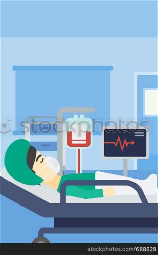 An asian man lying in bed at hospital ward. Patient in oxygen mask lying in hospital ward with heart rate monitor and equipment for blood transfusion. Vector flat design illustration. Vertical layout.. Patient lying in hospital bed with heart monitor.