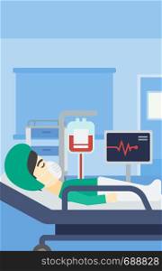 An asian man lying in bed at hospital ward. Patient in oxygen mask lying in hospital ward with heart rate monitor and equipment for blood transfusion. Vector flat design illustration. Vertical layout.. Patient lying in hospital bed with heart monitor.