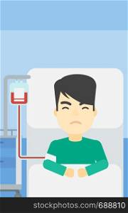 An asian man lying in bed at hospital ward with equipment for blood transfusion. Man during medical procedure with drop counter at medical room. Vector flat design illustration. Vertical layout.. Patient lying in hospital bed vector illustration.