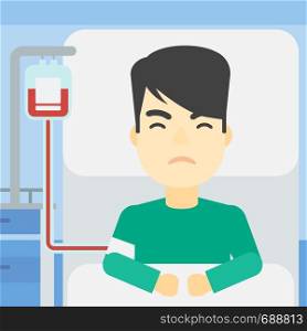 An asian man lying in bed at hospital ward with equipment for blood transfusion. Man during medical procedure with drop counter at medical room. Vector flat design illustration. Square layout.. Patient lying in hospital bed vector illustration.