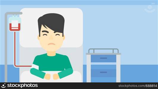 An asian man lying in bed at hospital ward with equipment for blood transfusion. Man during medical procedure with drop counter at medical room. Vector flat design illustration. Horizontal layout.. Patient lying in hospital bed vector illustration.
