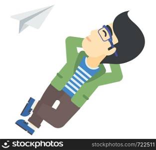 An asian man lying on a cloud and looking at flying paper plane vector flat design illustration isolated on white background. . Businessman relaxing on cloud.