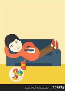 An asian man lying on a sofa holding a remote with three donuts on the plate and soda on the floor vector flat design illustration. Vertical poster layout with a text space.. Man lying on sofa.