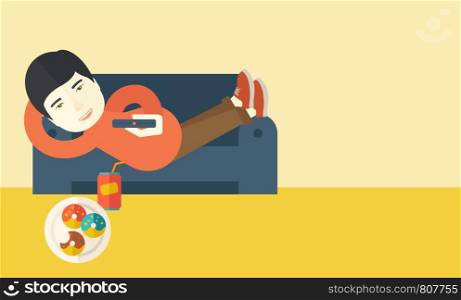 An asian man lying on a sofa holding a remote with three donuts on the plate and soda on the floor vector flat design illustration. Horizontal layout with a text space for a social media post.. Man lying on sofa.