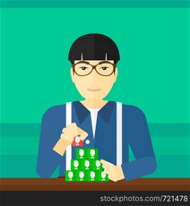 An asian man making pyramid of avatars on a light green background vector flat design illustration. Square layout.. Social network connection.