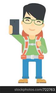 An asian man making selfie vector flat design illustration isolated on white background. Vertical layout.. Backpckaer making selfie.