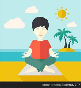 An asian man meditating in lotus pose on the beach vector flat design illustration. Square layout.. Yoga man