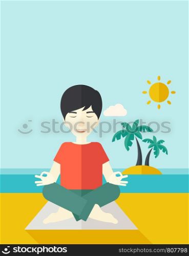 An asian man meditating in lotus pose on the beach vector flat design illustration. Vertical layout with a text space.. Yogaman