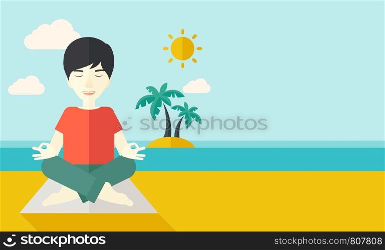 An asian man meditating in lotus pose on the beach vector flat design illustration. Horizontal layout with a text space.. Yoga man