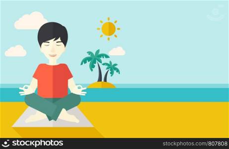 An asian man meditating in lotus pose on the beach vector flat design illustration. Horizontal layout with a text space.. Yoga man
