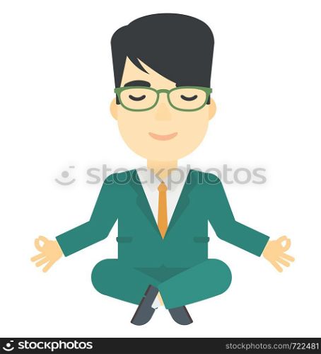 An asian man meditating in lotus pose vector flat design illustration isolated on white background. . Man practicing yoga.