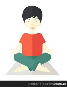 An asian man meditating in lotus pose vector flat design illustration isolated on white background. Vertical layout with a text space.. Yoga man