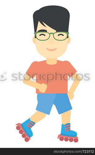 An asian man on the roller-skates vector flat design illustration isolated on white background.. Sporty man on roller-skates.