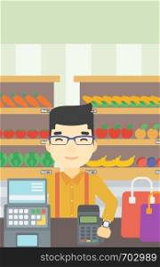 An asian man paying wireless with his smart watch at the supermarket. Male customer making payment for purchase with smart watch. Vector flat design illustration. Vertical layout.. Man paying wireless with smart watch.