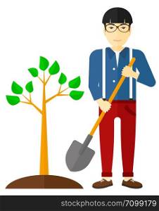 An asian man plants a tree vector flat design illustration isolated on white background. . Man plants tree.