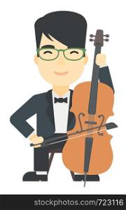 An asian man playing cello vector flat design illustration isolated on white background.. Man playing cello.