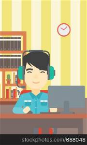 An asian man playing computer game on the background of living room. Gamer in headphones playing online games. Gamer using computer for playing game. Vector flat design illustration. Vertical layout.. Man playing computer game vector illustration.