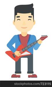 An asian man playing electric guitar vector flat design illustration isolated on white background.. Musician playing electric guitar.