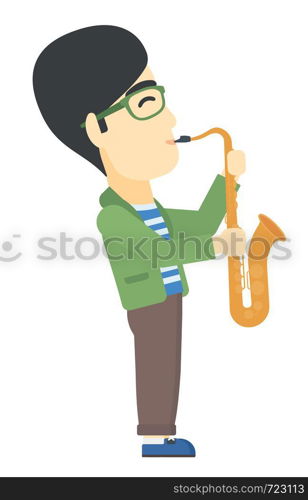 An asian man playing saxophone vector flat design illustration isolated on white background.. Man playing saxophone.