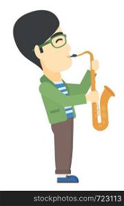 An asian man playing saxophone vector flat design illustration isolated on white background.. Man playing saxophone.