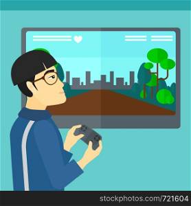 An asian man playing video game with gamepad in hands vector flat design illustration. Square layout.. Man playing video game.