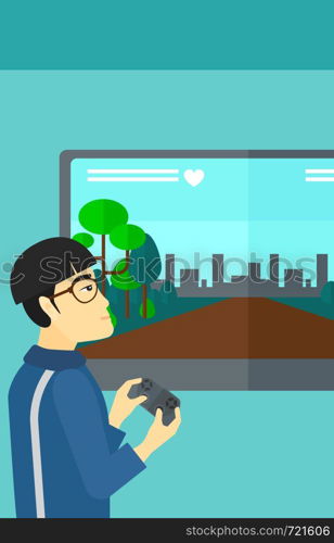 An asian man playing video game with gamepad in hands vector flat design illustration. Vertical layout.. Man playing video game.