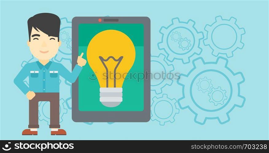 An asian man pointing at a big tablet computer. Man standing near tablet computer with a light bulb on a screen. Vector flat design illustration. Horizontal layout.. Man pointing at big tablet computer.