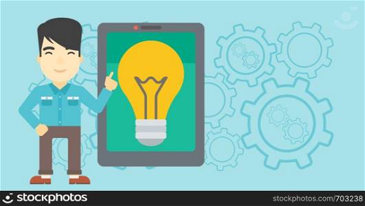 An asian man pointing at a big tablet computer. Man standing near tablet computer with a light bulb on a screen. Vector flat design illustration. Horizontal layout.. Man pointing at big tablet computer.