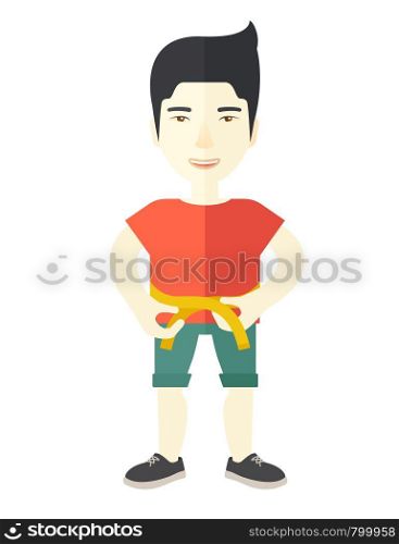An asian man practicing karate exercises vector flat design illustration isolated on white background. Sport concept. Vertical layout.. Karate fighter.