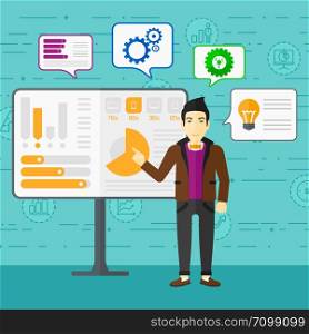 An asian man presenting his report through infographics on a board on a blue background with business icons vector flat design illustration. Square layout.. Man presenting report.