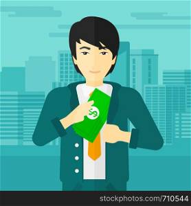 An asian man putting money in his pocket on the background of modern city vector flat design illustration. Square layout.. Man putting money in pocket.