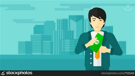 An asian man putting money in his pocket on the background of modern city vector flat design illustration. Horizontal layout.. Man putting money in pocket.