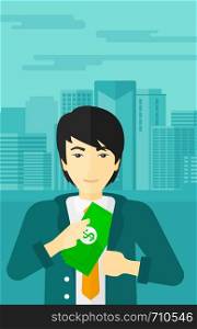 An asian man putting money in his pocket on the background of modern city vector flat design illustration. Vertical layout.. Man putting money in pocket.