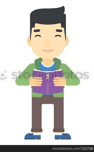 An asian man reading a book vector flat design illustration isolated on white background. Vertical layout.. Man reading book.