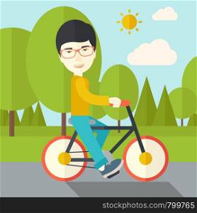 An asian man riding a bicycle in park vector flat design illustration. Sport concept. Square layout.. Byciclist.