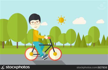 An asian man riding a bicycle in park vector flat design illustration. Sport concept. Horizontal layout with a text space.. Byciclist.